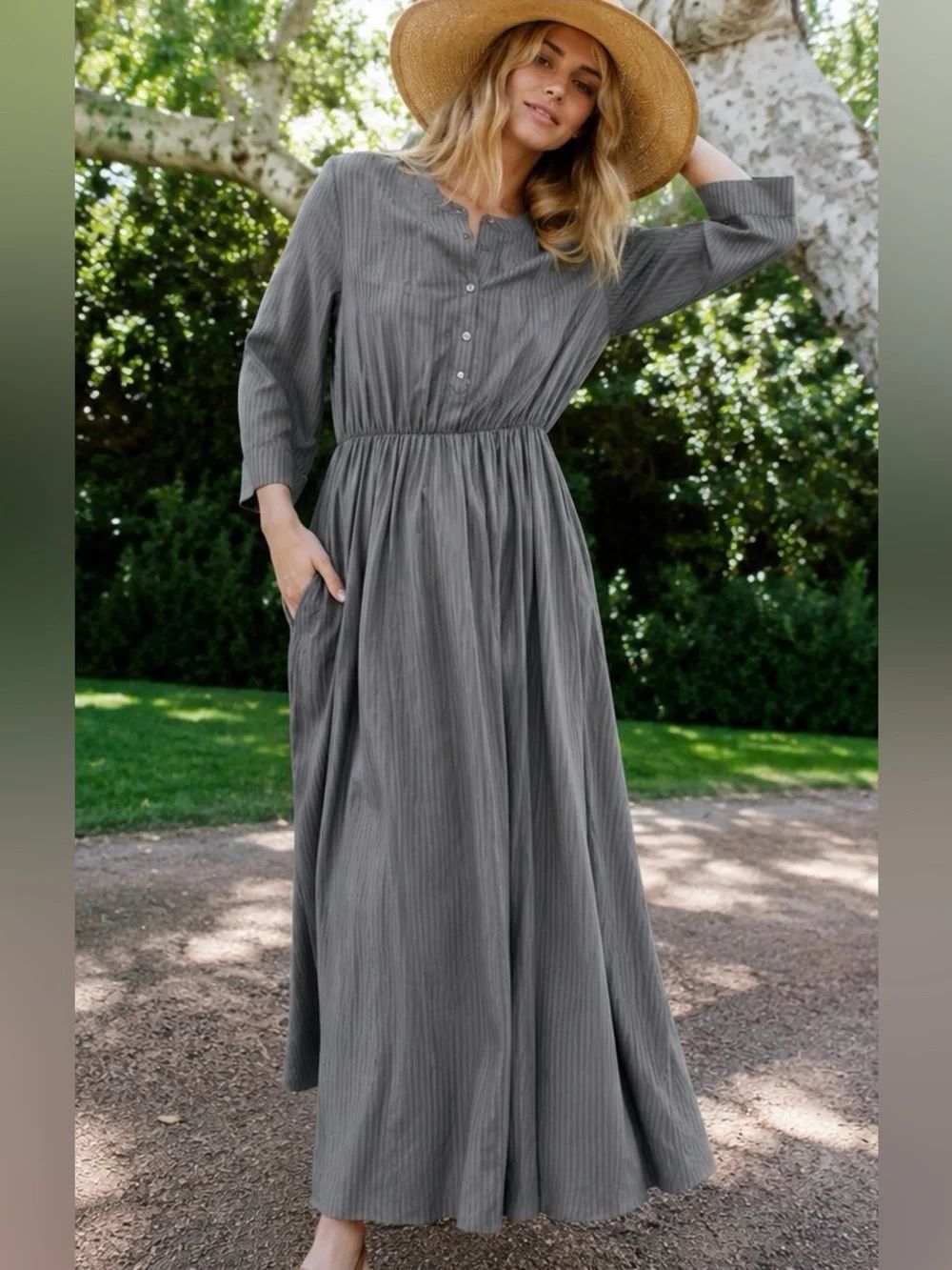 Jenni Kayne Seersucker Shadow Gray Striped Henley Maxi Dress Pockets L